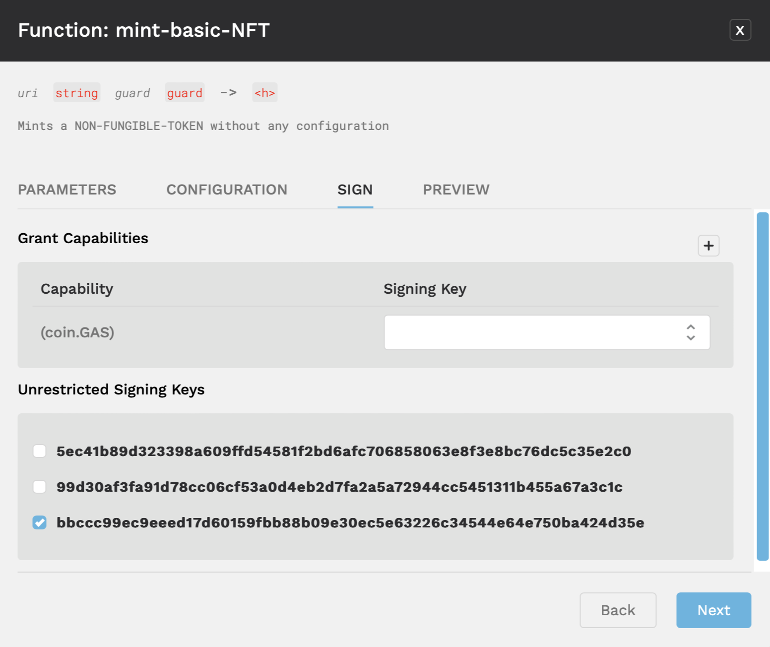 Select the key for unrestricted signing